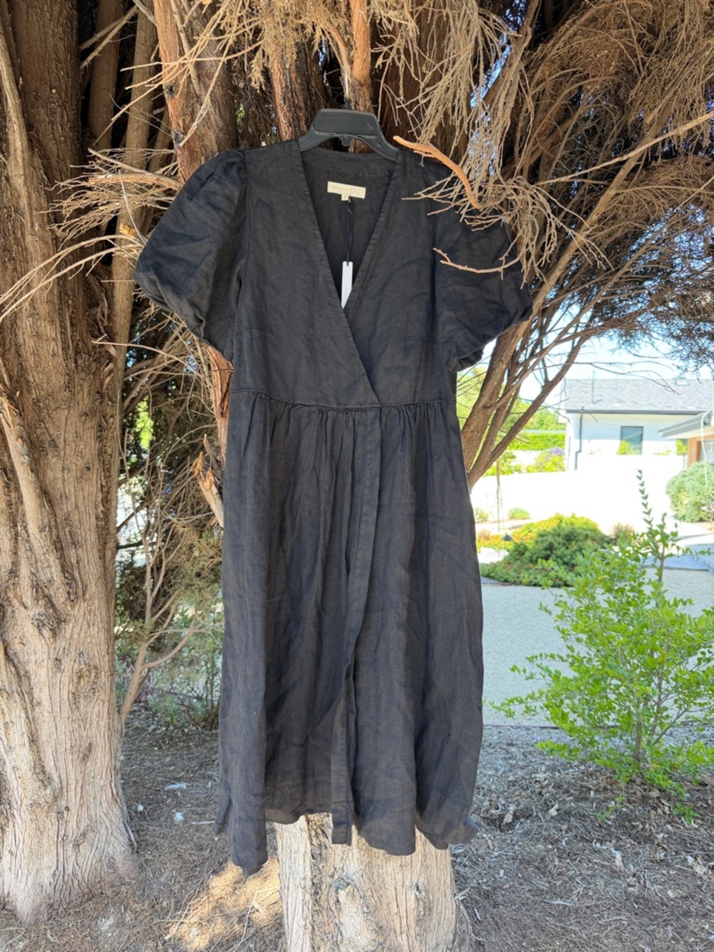 Black Linen V-Neck Maxi Dress with Puff Sleeves